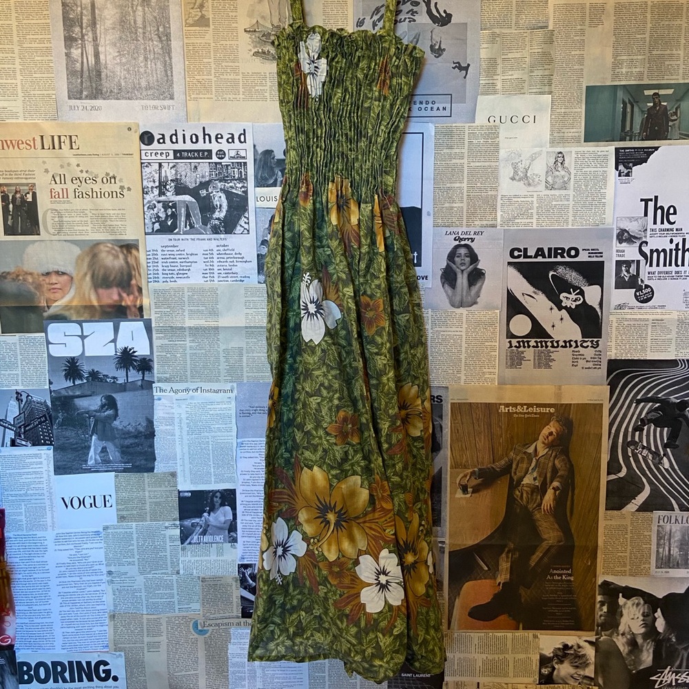 long green hawaiian hibiscus dress